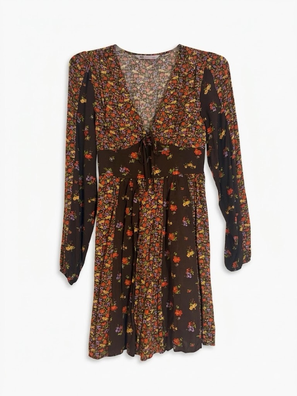 SO Brown Floral V-Neck Long Sleeve Mini Dress